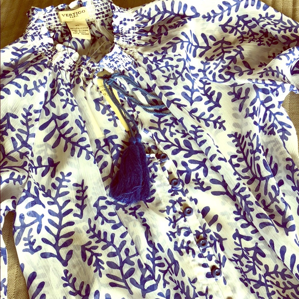 Coral print breezy blouse with tassel neck tie
